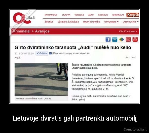 Lietuvoje dviratis gali partrenkti automobilį