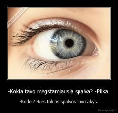 -Kokia tavo mėgstamiausia spalva? -Pilka. - -Kodėl? -Nes tokios spalvos tavo akys.