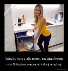 Paauglys mato gražią moterį, suaugęs žmogus - mato šūdiną bandymą sudėti indus į indaplovę.