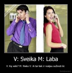 V: Sveika M: Laba - V: Ką veiki? M: Nieko V: Ai tai tiek ir noėjau sužinoti iki 